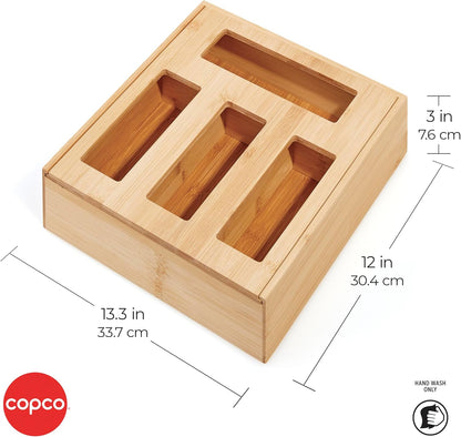 Copco In Drawer or Mounted 4 Compartment Organizer for Plastic, Foil, Wax and Parchment Paper featuring Easy Slide Tabs for Perfect Cut, With 21 Customizable Labels, Bamboo, 13.3 x 11 x 3 Inch
