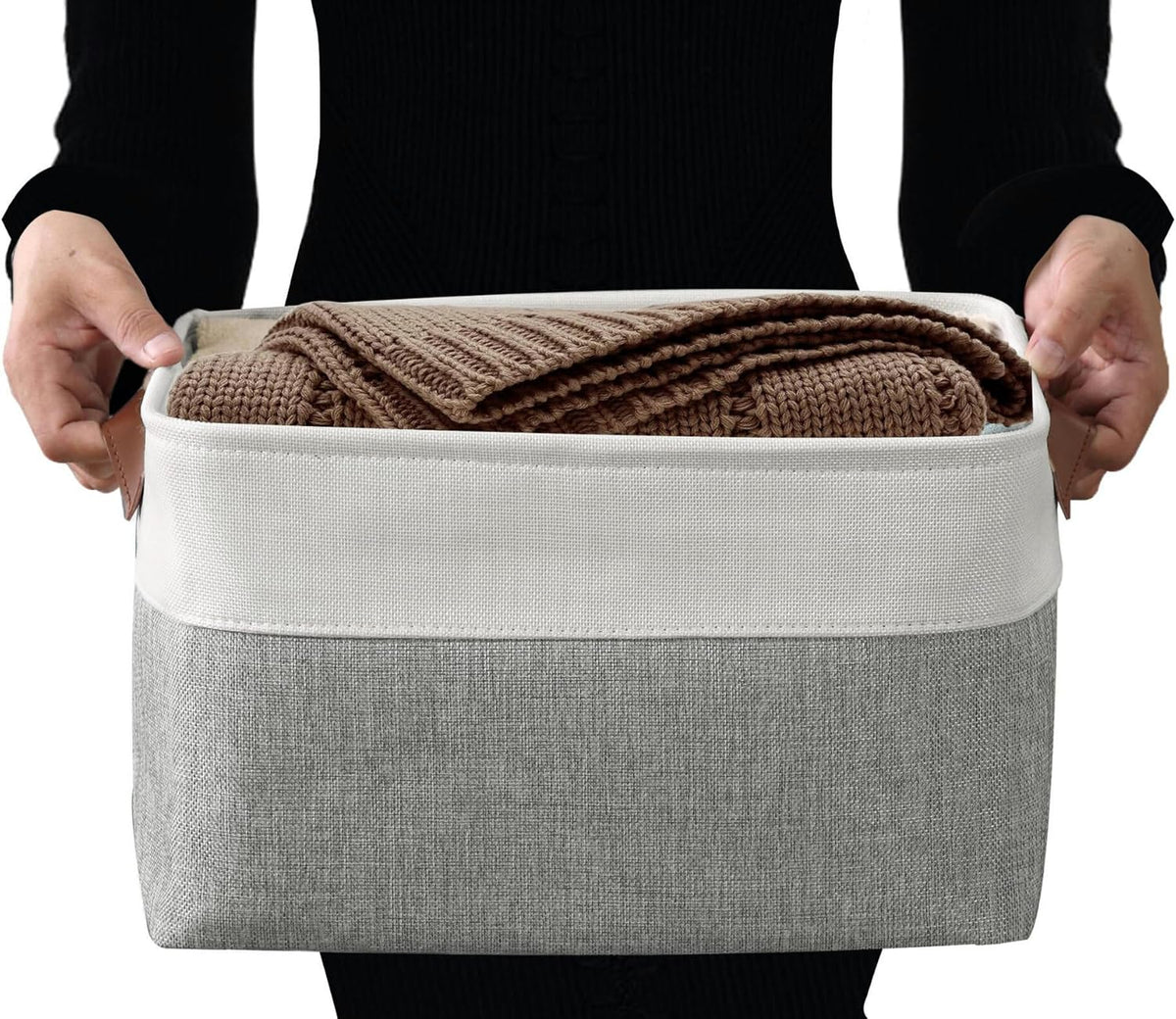 DECOMOMO Storage Bins, Large Fabric Storage Baskets for Shelves, Decorative Linen Closet Organizer, 15 x 11 x 9.5 inches (Beige & White, 3 Pack)