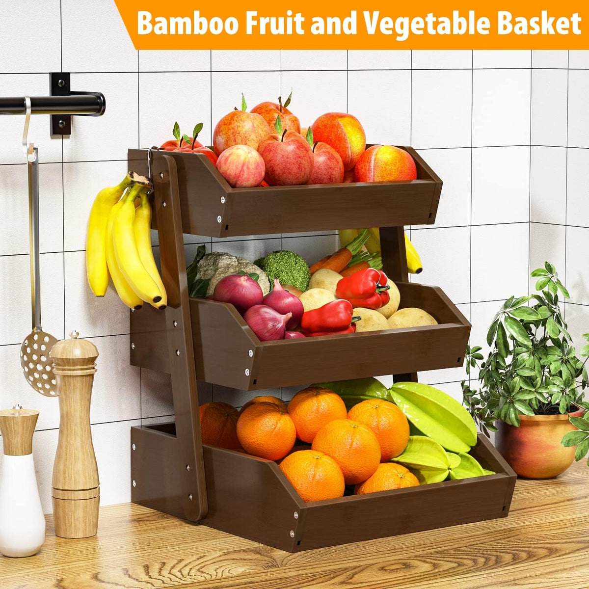 Gmtsl Bamboo Fruit Basket for Kitchen – 3 Tier Fruit Bowl For Kitchen Counter, Large Fruit Holder With 2 Banana Hangers, Idea For Fruit and Vegetable Storage, Bread Basket, Snack Organizer(BLACK)