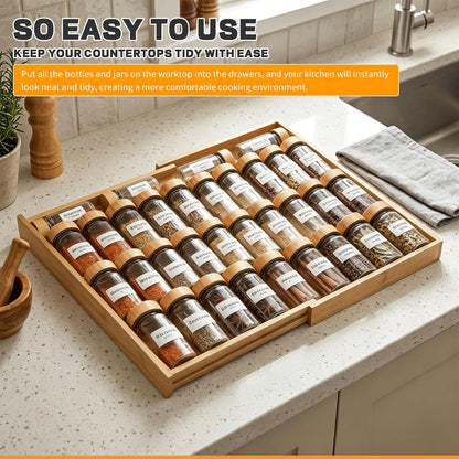 Bamboo Spice Drawer Organizer Expandable(Need 2.6" Deep Drawer), 4-Tier Spice Rack Drawer Insert for Kitchen Cabinets(From 12" to 21.9" Wide), Adjustable Seasoning Storage Insert (Jars Not Included)