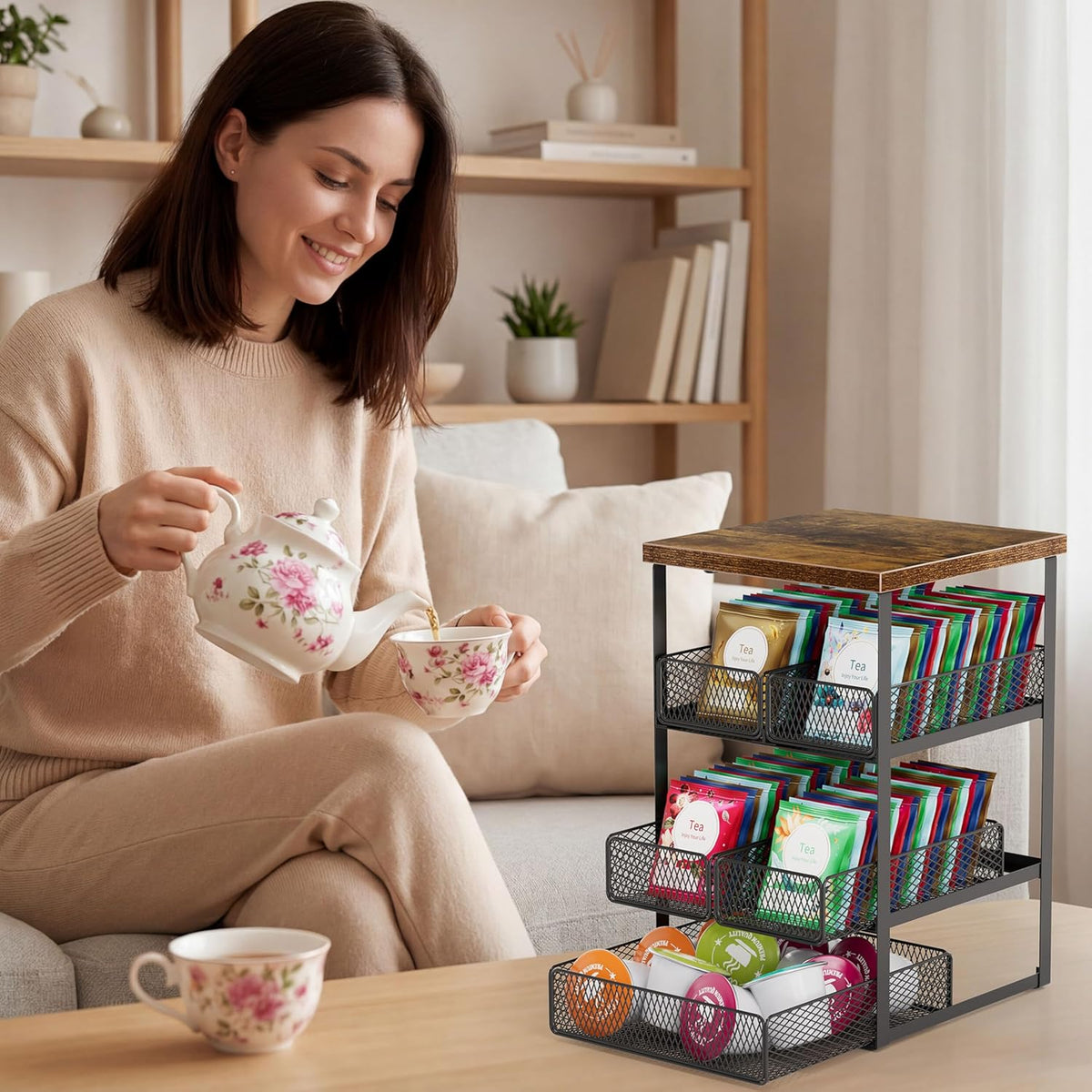 Tea Bag Organizer, 4 Tier Tea Bag Holder with 5 Drawers, Wood and Metal Tea Organizers and Storage Chest for Countertop Kitchen, Office, Brown
