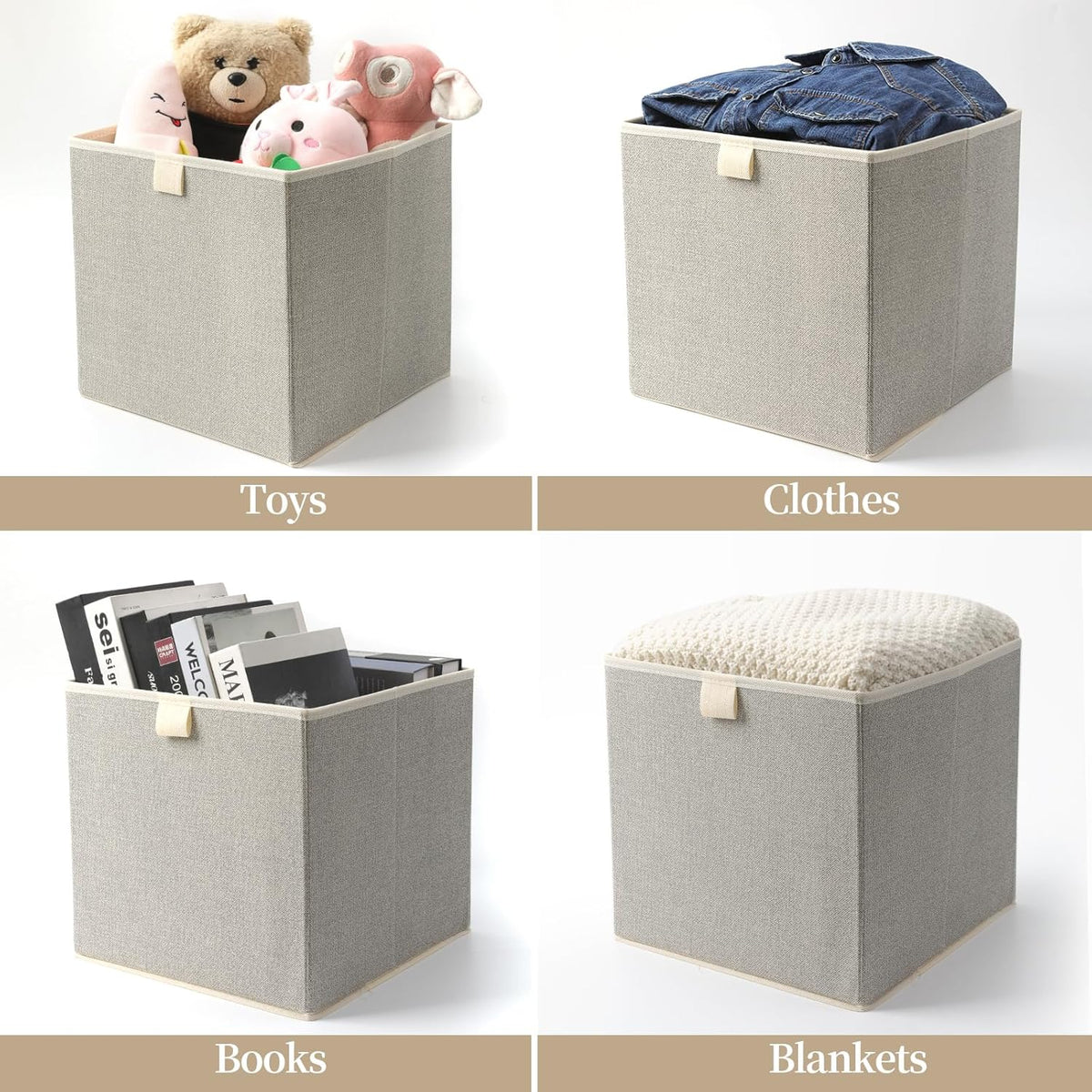 Storage Baskets, 11-Inch Woven Fabric Bins, Storage Cubes with Reinforced Handles, Organizer Bins for Closet Shelves, Foldable, for Toys, Clothes, Natural Beige (3PCS/Beige-11*11*7.8inch)
