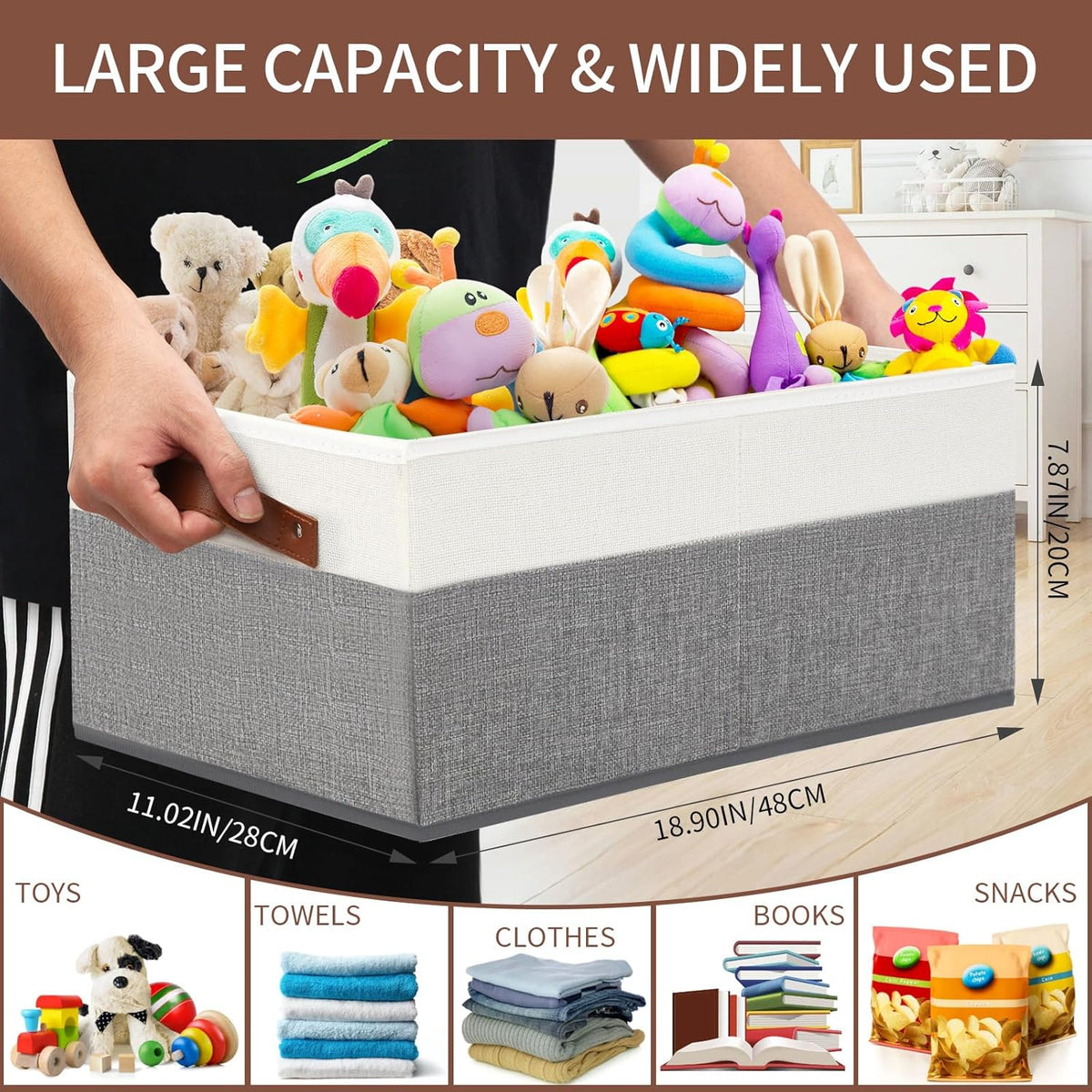 Large Capacity Storage Bins Closet Organizer for Shelves, Fabric Closet Storage Baskets Boxes with Leather Handles for Organizing Clothes, Sheets, Jeans, Toys, Books (Grey)