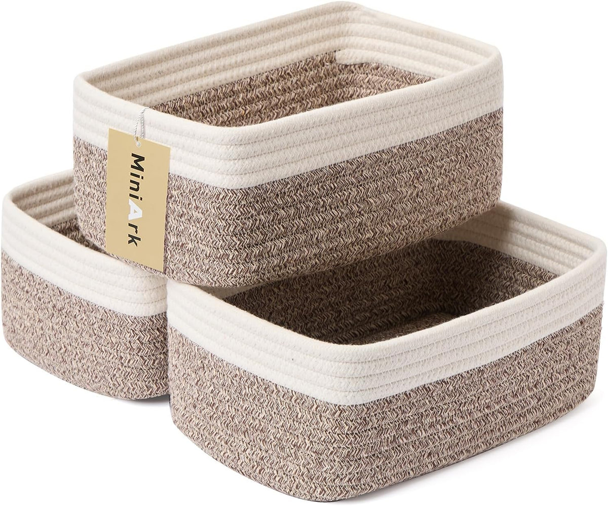 MiniArk Small Storage Baskets for Organizing | Closet Organizer Bins | Shelf Toy Basket | Woven Rope Baskets | Cube Decorative Box | Shallow Basket | L11.5xW7.5xH4.7| Brown