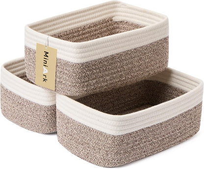 MiniArk Small Storage Baskets for Organizing | Closet Organizer Bins | Shelf Toy Basket | Woven Rope Baskets | Cube Decorative Box | Shallow Basket | L11.5xW7.5xH4.7| Brown