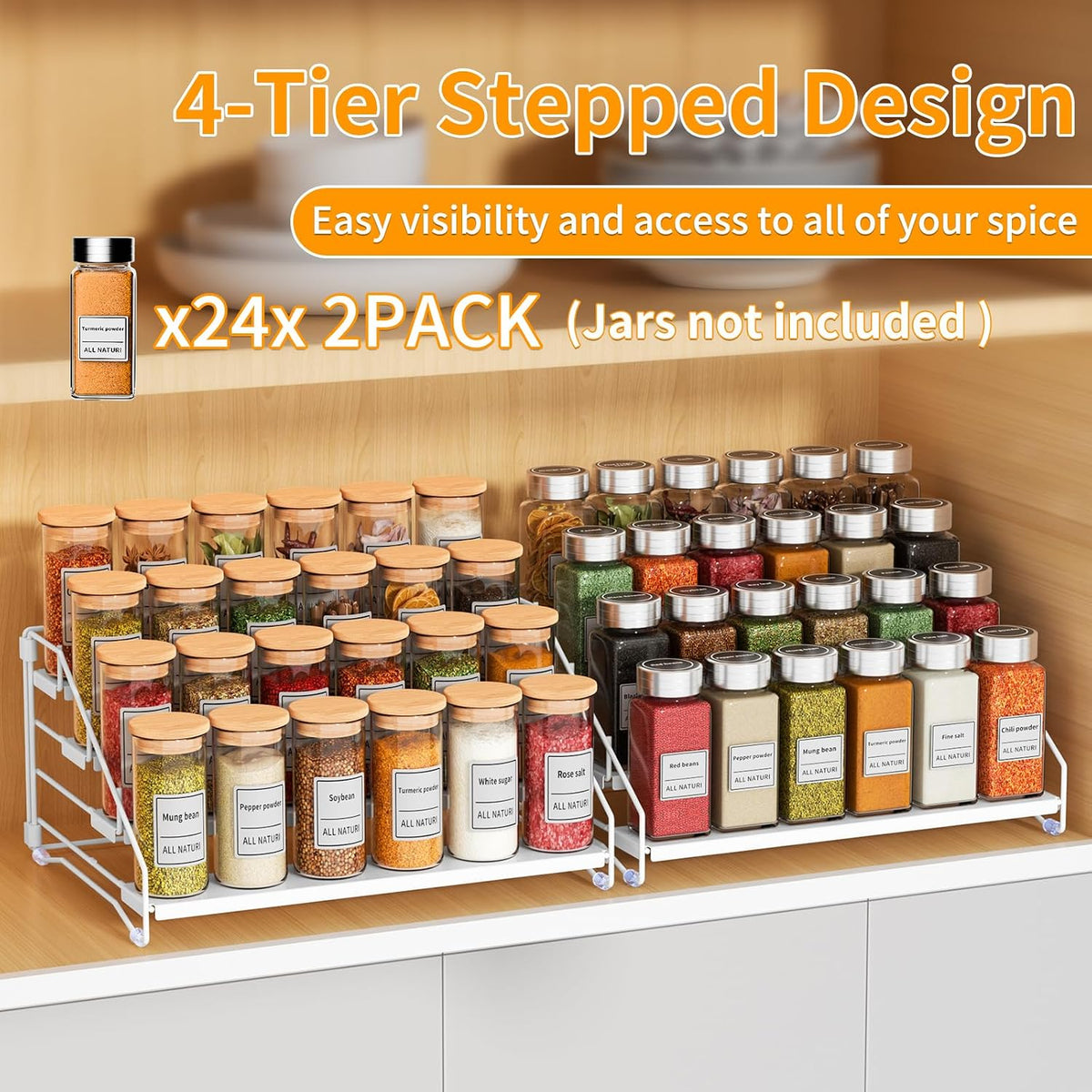 RCHYFEED Spice Rack Organizer for Cabinet Pantry,4 Tier Spice Rack Countertop, Depth Adjustable Spice Organization for Cabinet,Tierd Seasoning Organizer for Cabinet(Black) | for Cabinet Pantry
