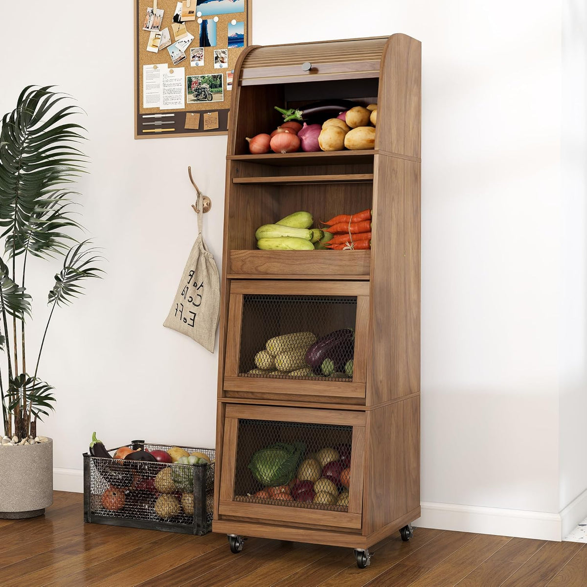 4 Tier Narrow Potato Storage Bin, Tall Wood Potato and Onion Storage Bin with Wheel, Movable Fruit and Vegetable Basket, Food Small Kitchen Pantry Cabinet, Wooden Bread Box, Walnut, Sliding Door