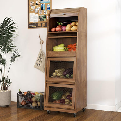 4 Tier Narrow Potato Storage Bin, Tall Wood Potato and Onion Storage Bin with Wheel, Movable Fruit and Vegetable Basket, Food Small Kitchen Pantry Cabinet, Wooden Bread Box, Walnut, Sliding Door