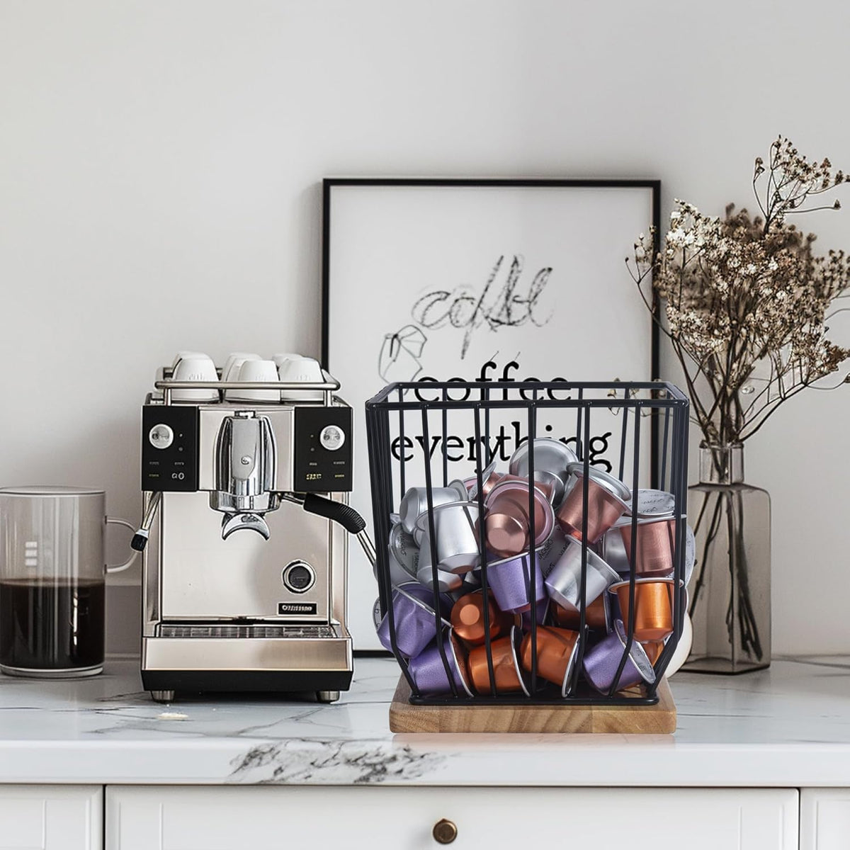 BYTEAIDREX Coffee Pod Holders for Counter - K Cup Holders for Counter - Coffee Pods Storage Organizer - Bar Accessories - Large Capacity Black Wire Kup Storage with Wooden Base.