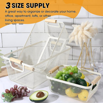 Ziliny 4 Pcs Metal Mesh Wire Baskets with Wooden Handles for Organizing, Pantry Organizers and Storage Steel Bin Kitchen Baskets for Fruit Potato Onion Snacks Bathroom Cabinet(Small,Black)