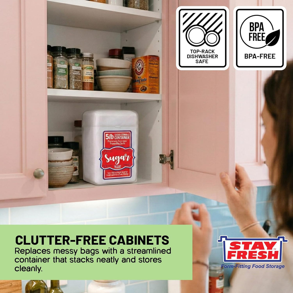 Stay Fresh Clear Storage Container - BPA Free Plastic Canister for Kitchen Pantry, Baking Needs - Holds 5LB Bag - Large Form-Fitting Food Keeper Bin - Food Holder (Flour)