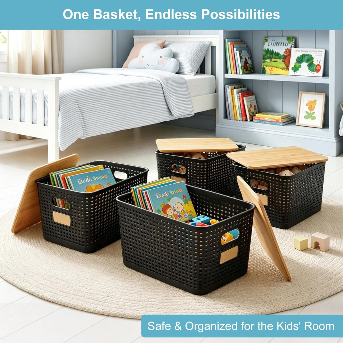 Bagnizer Small Plastic Storage Bins with Bamboo Lids 5.2qt Stackable Box Basket Pantry Decorative Containers Cute with Labels for Organizing Desktop Closet Office Cream White of 10*7.2*4.1"