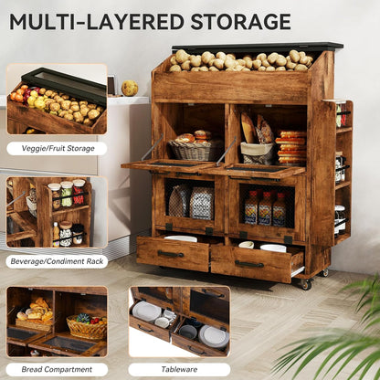 Verano Garden Potato and Onion Storage Bin on Wheels, Wood Bread Box with Lid & Mesh Doors, 4-Tier Rolling Fruit and Vegetable Storage Organizer w/Drawer & Side Rack for Kitchen (Rustic Brown, 16.0")