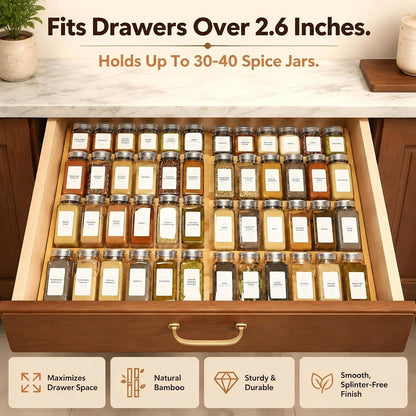 Bamboo Spice Drawer Organizer Expandable(Need 2.6" Deep Drawer), 4-Tier Spice Rack Drawer Insert for Kitchen Cabinets(From 12" to 21.9" Wide), Adjustable Seasoning Storage Insert (Jars Not Included)