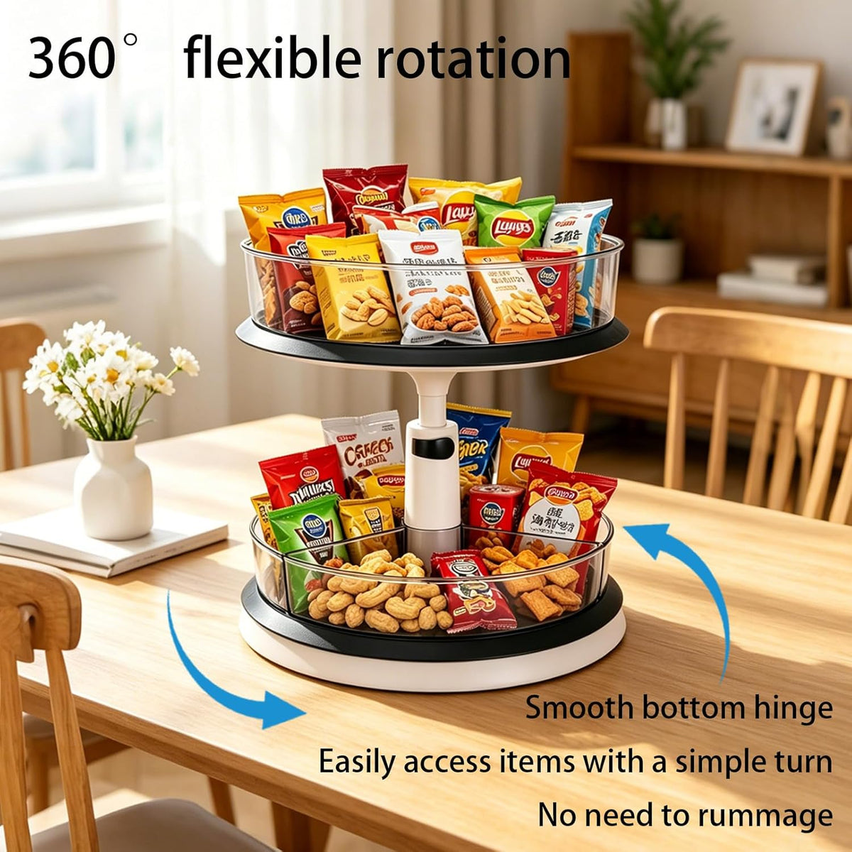 2 Tier Snack Organizer Turntable, Adjustable Height Gray Snack Rack, Removable Dividers Snack Storage Cabinet with Convenient Grab-and-Go Design for Kitchen & Living Room