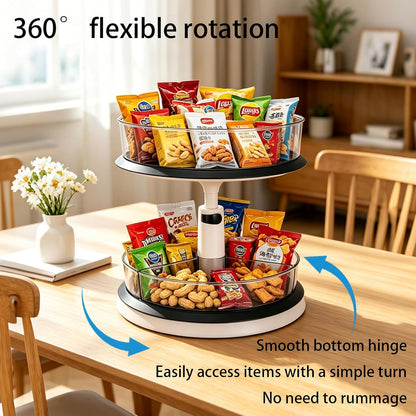 2 Tier Snack Organizer Turntable, Adjustable Height Gray Snack Rack, Removable Dividers Snack Storage Cabinet with Convenient Grab-and-Go Design for Kitchen & Living Room