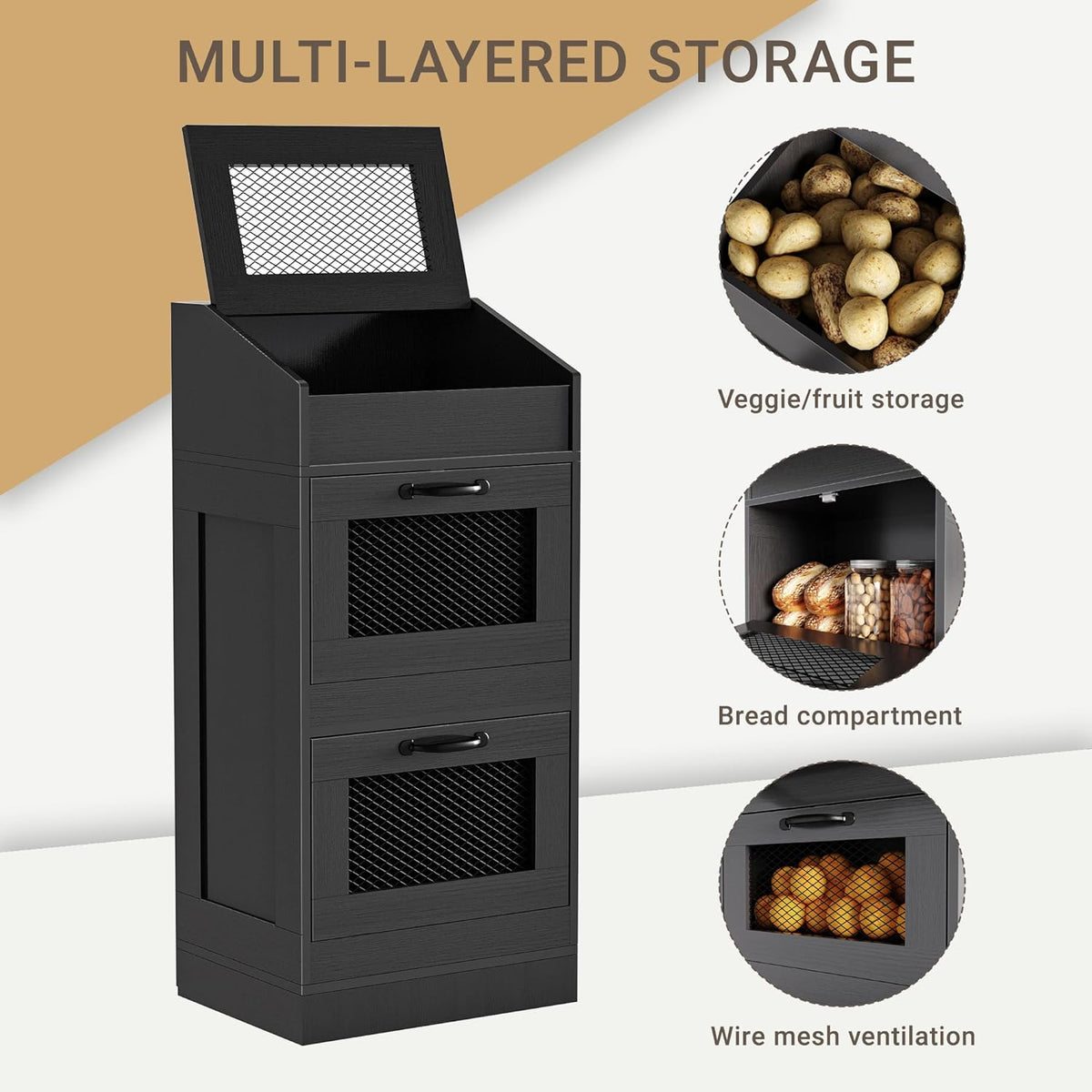 Potato Storage Bin with Lid, Rustic Wooden Onion Storage Bin, Bread Box for Kitchen, Kitchen Decorative Vegetable Storage Cabinet, Rustic Grey HPC001SG