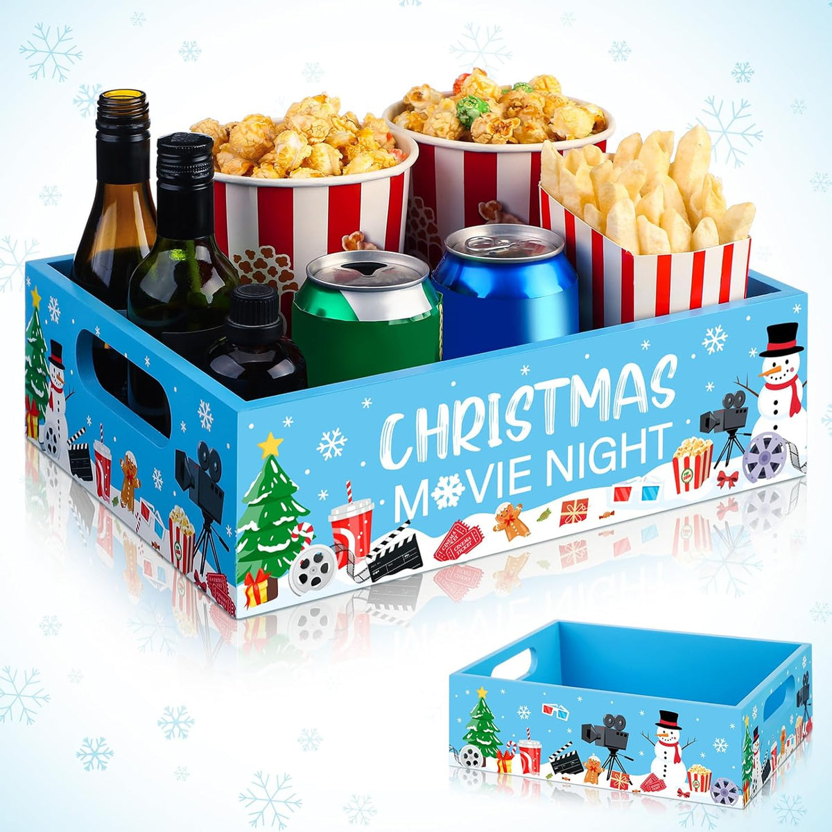 Movie Night Supplies Snack Trays with Handles Reusable Wooden Movie Gift Basket for Theater Popcorn Bucket Bowl Box Container Family Room Decor(Classic Style)
