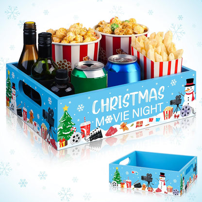 Movie Night Supplies Snack Trays with Handles Reusable Wooden Movie Gift Basket for Theater Popcorn Bucket Bowl Box Container Family Room Decor(Classic Style)