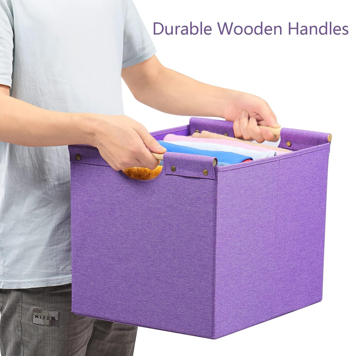 HOONEX Large Collapsible Storage Bins, Linen Fabric, Pack of 2, Storage Baskets with Wooden Carry Handles and Sturdy Heavy Cardboard, for Home, Office, Car, Nursery, Black