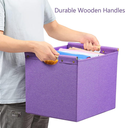 HOONEX Large Collapsible Storage Bins, Linen Fabric, Pack of 2, Storage Baskets with Wooden Carry Handles and Sturdy Heavy Cardboard, for Home, Office, Car, Nursery, Black