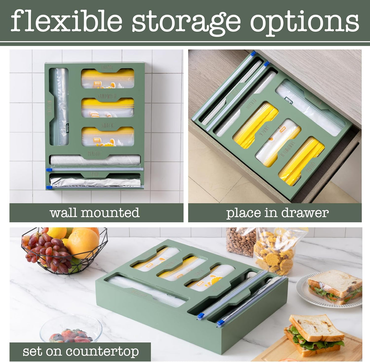 Rae Dunn Bamboo Bag Organizer for Kitchen Drawer - Durable Wood Organizer for Kitchen Storage - Holds Gallon, Quart, Snack, Sandwich Size Baggies, Plastic Wrap and Foil