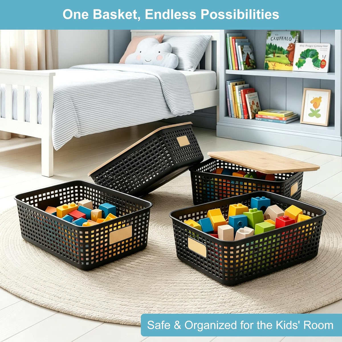 Bagnizer Small Plastic Storage Bins with Bamboo Lids 5.2qt Stackable Box Basket Pantry Decorative Containers Cute with Labels for Organizing Desktop Closet Office Cream White of 10*7.2*4.1"
