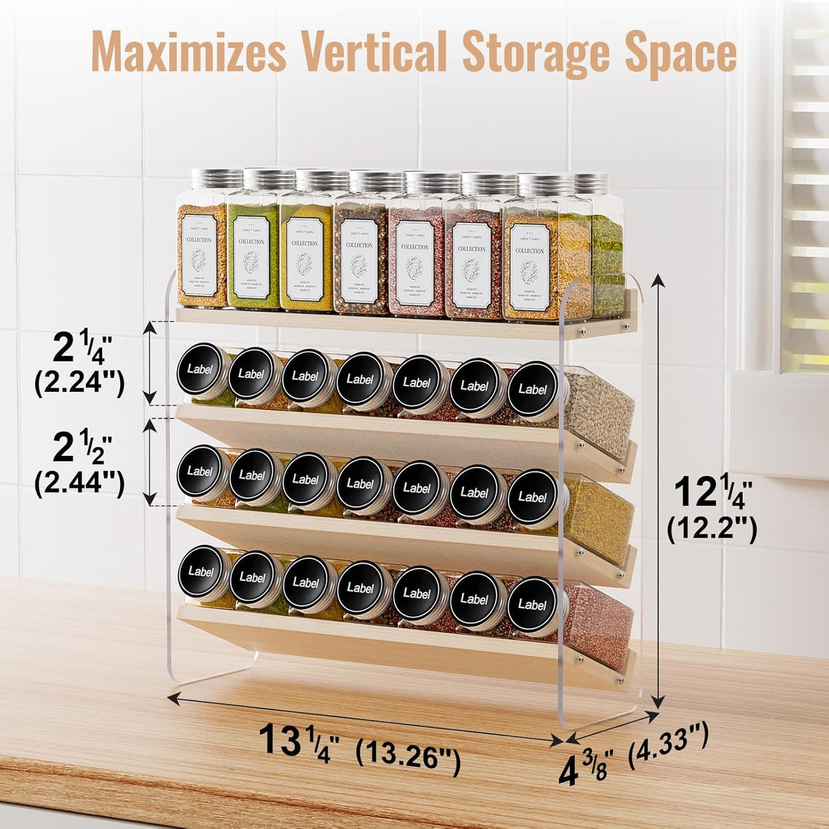 MUDEELA 4 Tier Spice Rack Organizer for Cabinet,Wooden Vertical Spice Shelf, Seasoning Organizer for Countertop, Kitchen, Pantry, Freestanding, 13.4" W × 11.2" H (No Jars Included), White