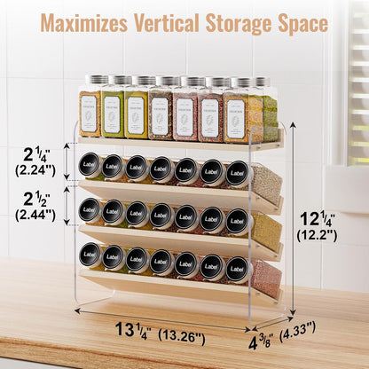MUDEELA 4 Tier Spice Rack Organizer for Cabinet,Wooden Vertical Spice Shelf, Seasoning Organizer for Countertop, Kitchen, Pantry, Freestanding, 13.4" W × 11.2" H (No Jars Included), White