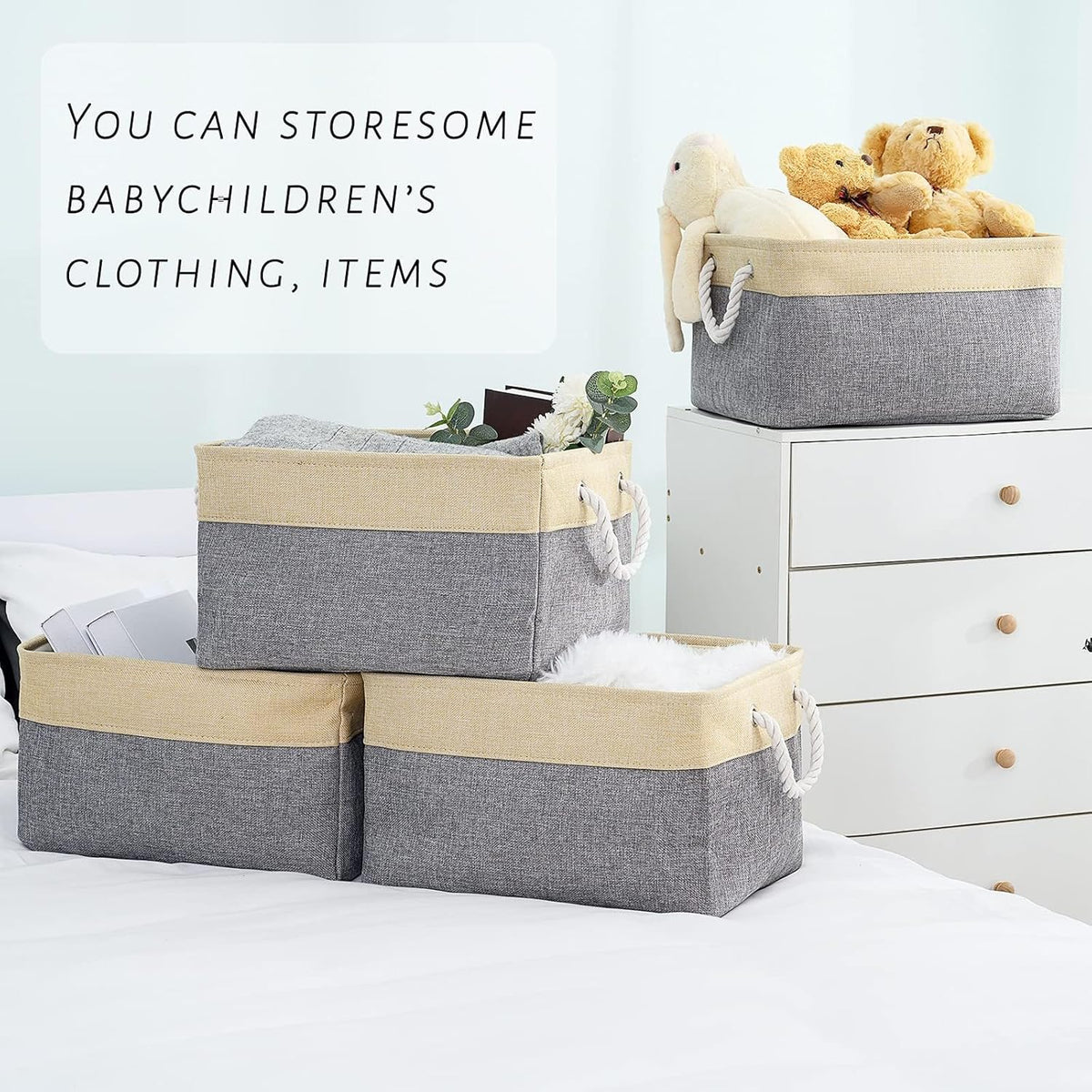 Fabric Storage Bins 12x8x5 inch [6-Pack] with Rope Handles - Decorative Baskets for Organizing