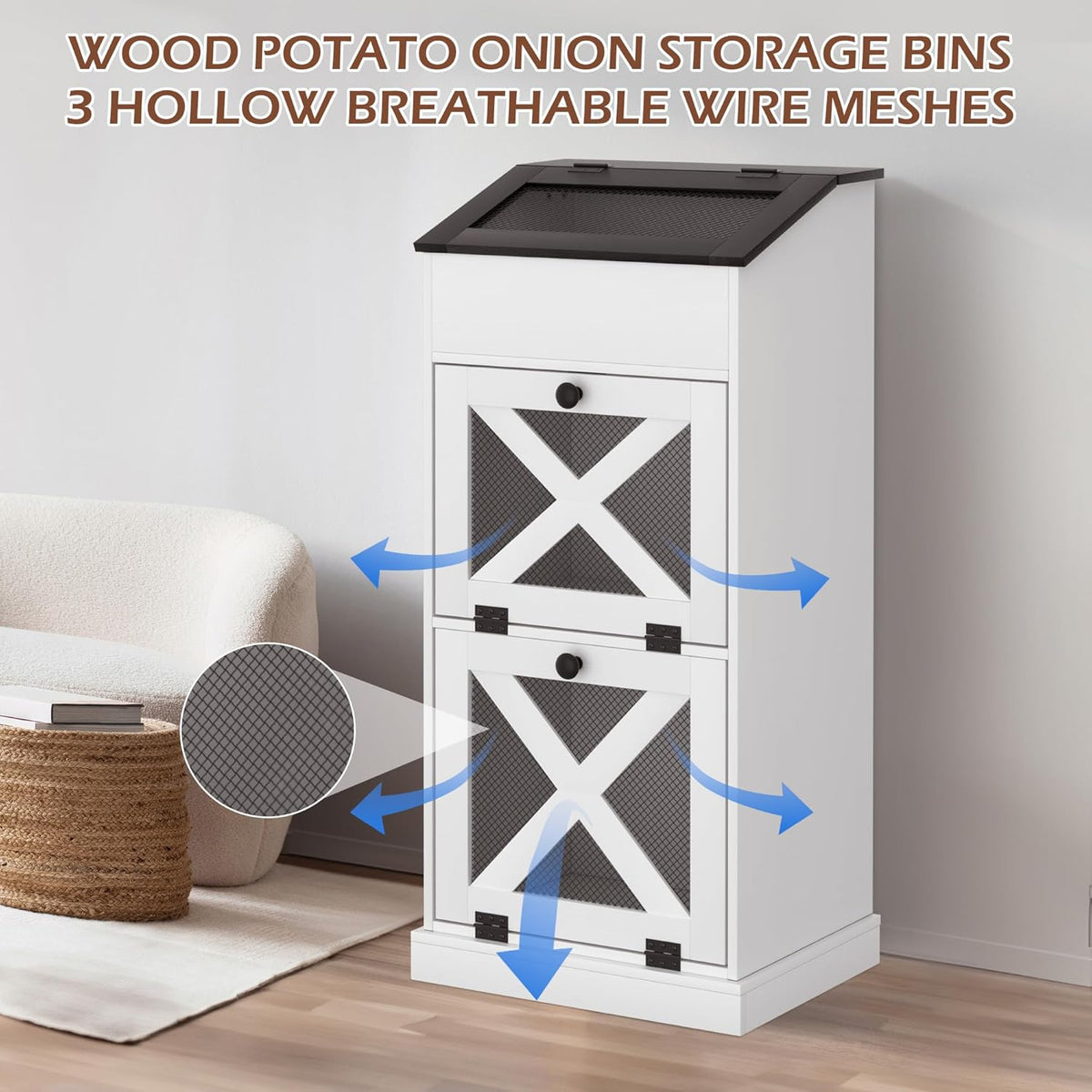 Wooden Potato and Onion Storage Bin w/Lid, Large Capacity and Ventilated Design, Ideal for Pantry, Kitchen Brown