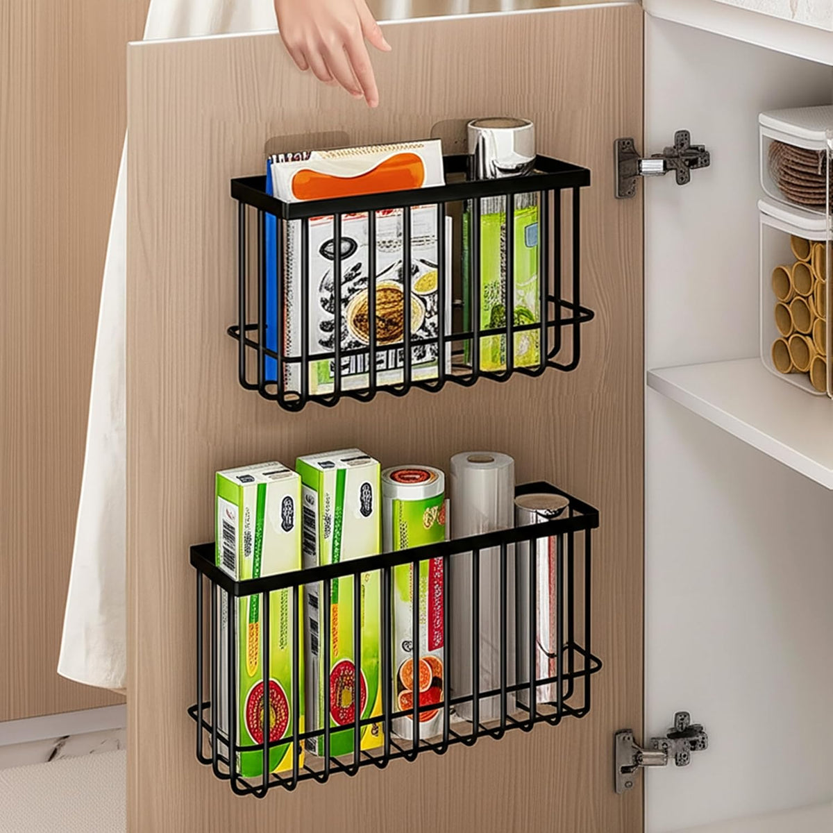 Cabinet Door Organizer Basket 2 Pack, Foil and Plastic Wrap Organizer with 2 Sponges, Lid Organizers Inside Cabinet, Metal Basket for Kitchen Organizers and Storage, Utility, Black (Medium,Large)