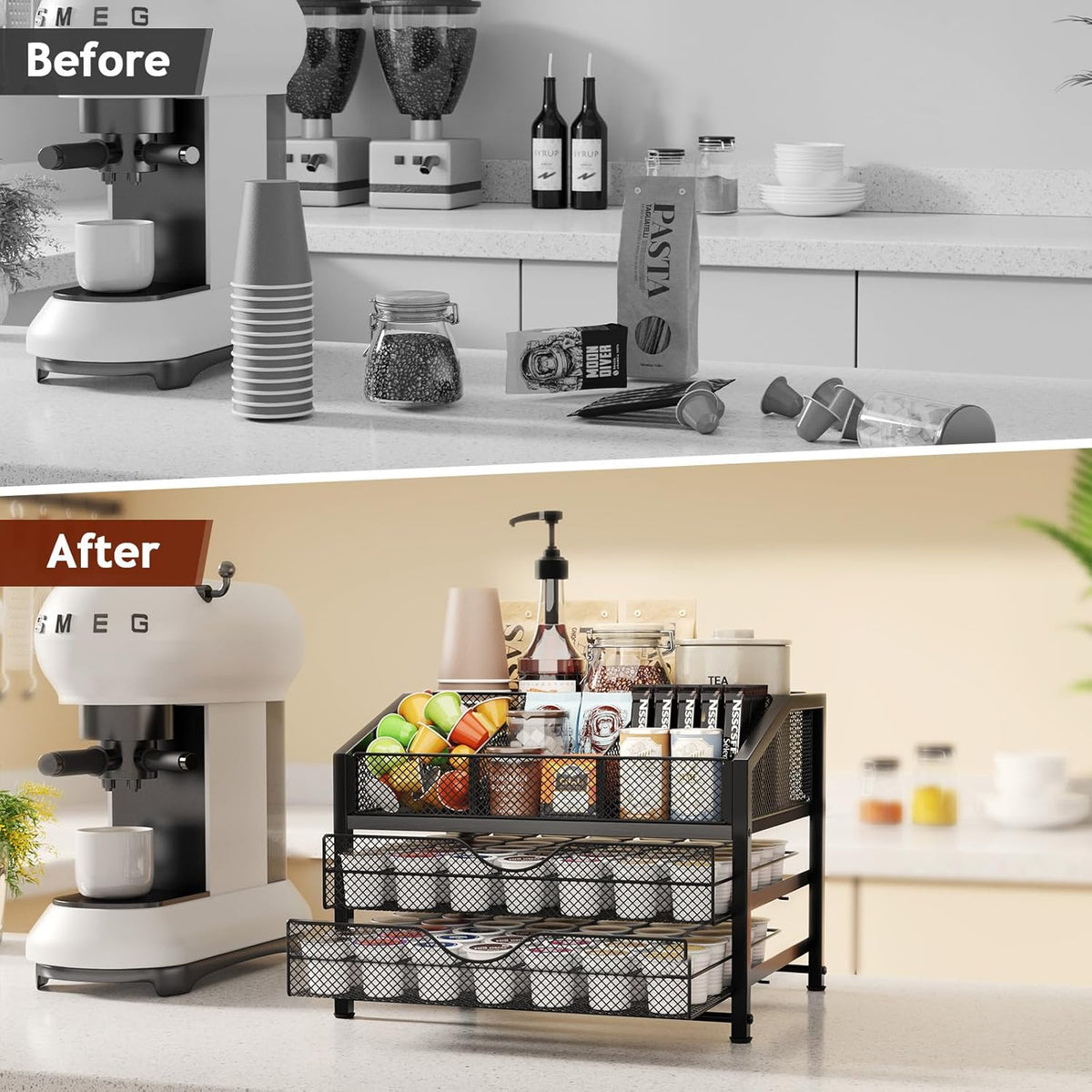Homsorout Coffee Bar Organizer - Coffee Station for Countertop, Metal and Wood K Cup holder Storage Basket for Coffee Pods, Syrup, Cups, Stirrer, Coffee Condiment, Tea Organizer, Black and Brown