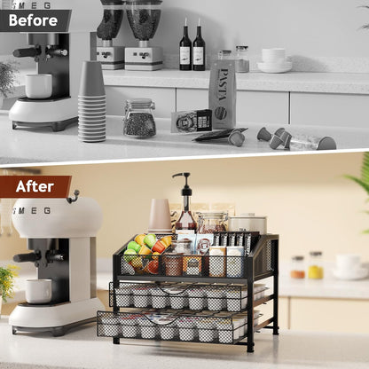 Homsorout Coffee Bar Organizer - Coffee Station for Countertop, Metal and Wood K Cup holder Storage Basket for Coffee Pods, Syrup, Cups, Stirrer, Coffee Condiment, Tea Organizer, Black and Brown