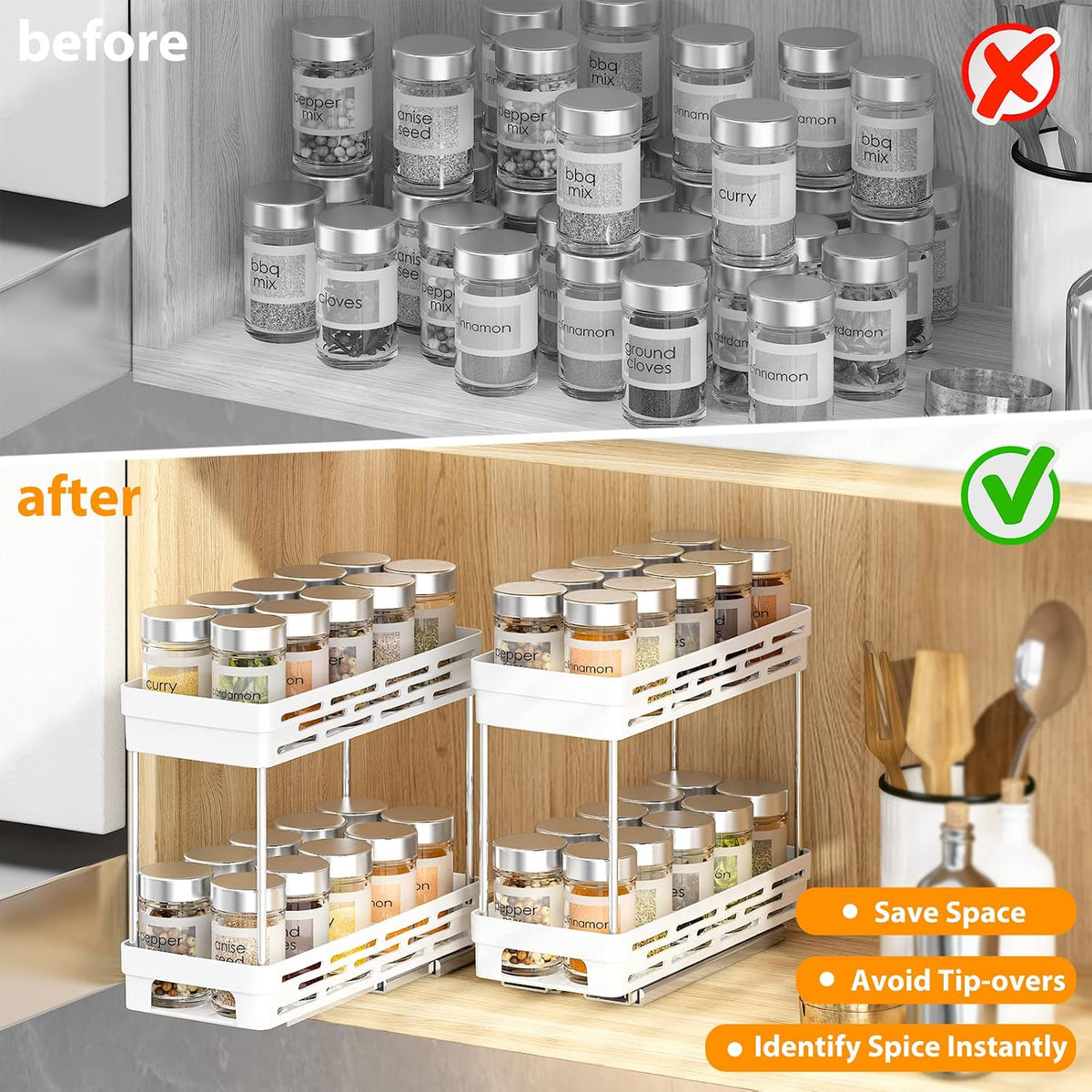 Pull Out Spice Rack Organizer for Cabinet, Slide Out Spice Racks Organizer, Spice Cabinet Organizers, Cabinet Size Need:12'' Highx11'' Deepx5'' Wide,Hold 10 Spice Jar Each Tier-2Tier, Black