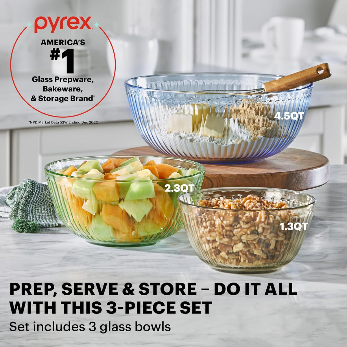 Pyrex Colors Tinted (Full Set) Sculpted Tinted Glass Mixing Bowls With Plastic Lids, Nesting Space Saving Set of Bowls For Prepping and Baking, 1.3QT, 2.3QT & 4.5QT