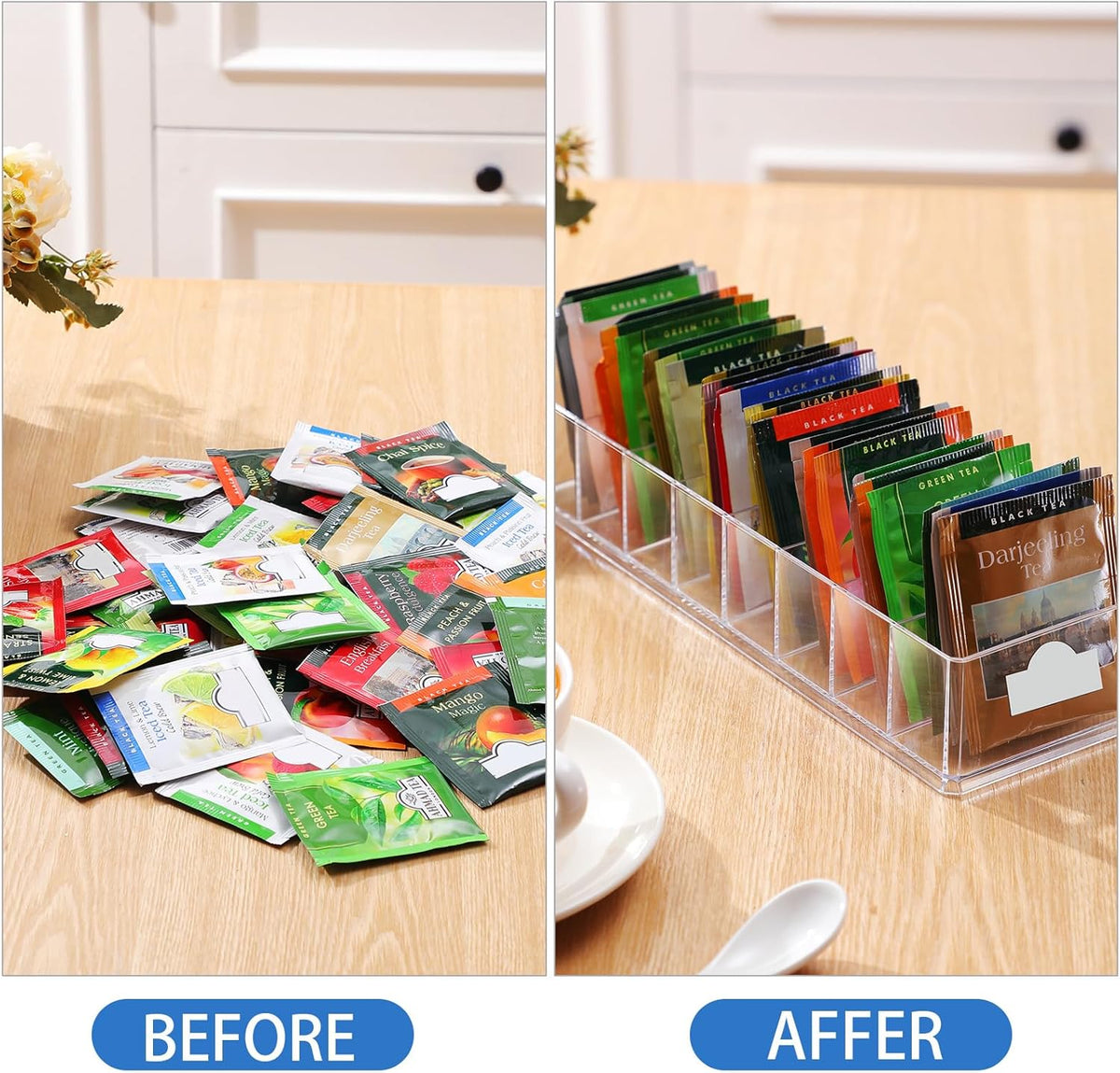 Cinnvoice 4 Pcs Tea Bag Storage Acrylic Clear Tea Drawer Organizer for Drawers, Kitchen, Cabinets, Pantry, Countertops Tea Organizer