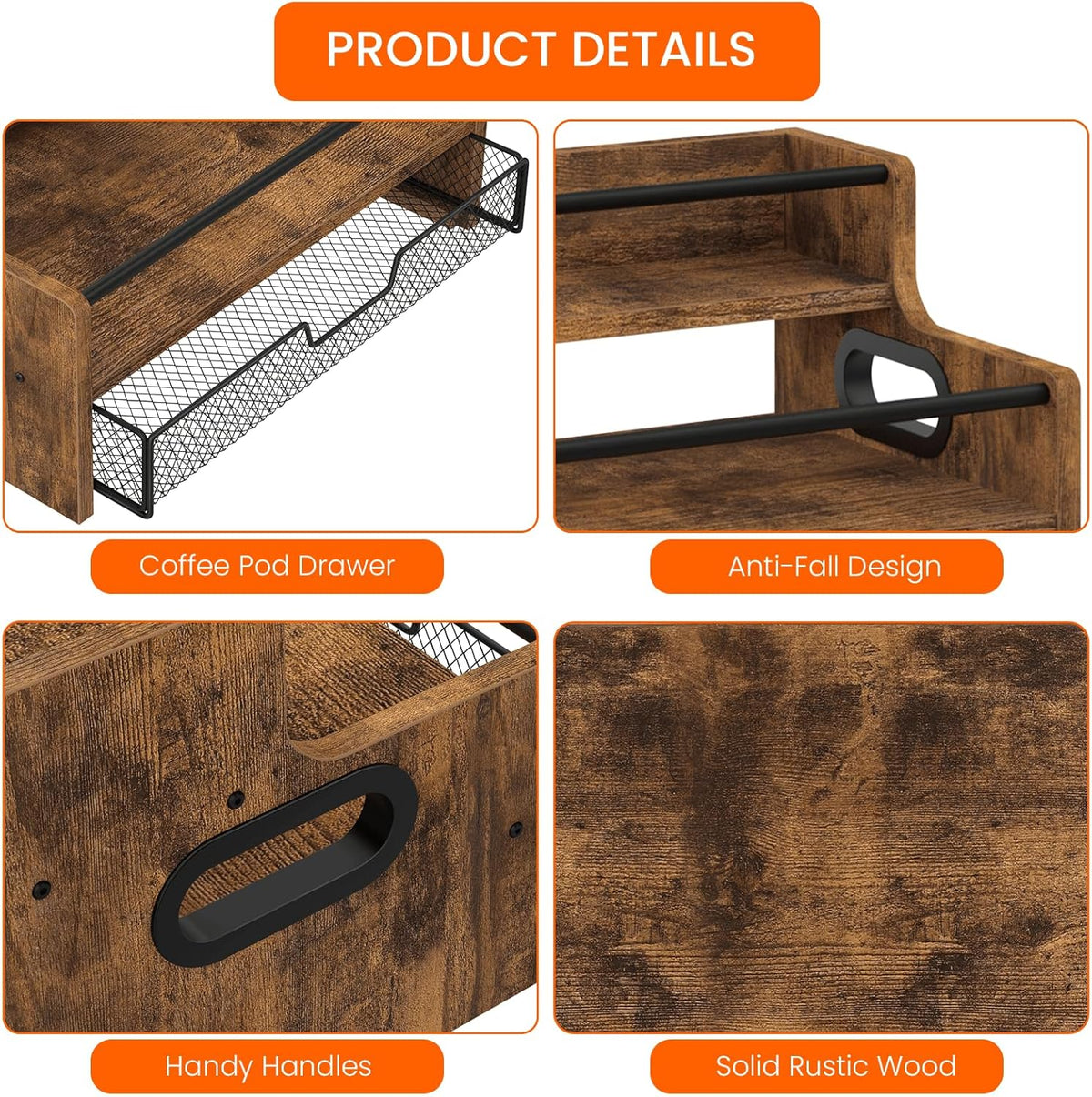 Homode 3-Tier Coffee Bar Organizer, 8 Bottle Syrup Stand with 35 Coffee Pod Storage Drawer, Rustic Wood & Metal Countertop Liquor Bottle Holder for Kitchen, Black