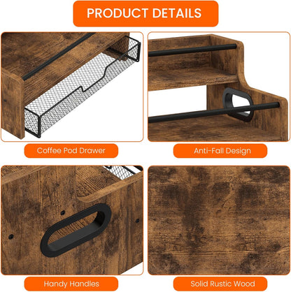 Homode 3-Tier Coffee Bar Organizer, 8 Bottle Syrup Stand with 35 Coffee Pod Storage Drawer, Rustic Wood & Metal Countertop Liquor Bottle Holder for Kitchen, Black