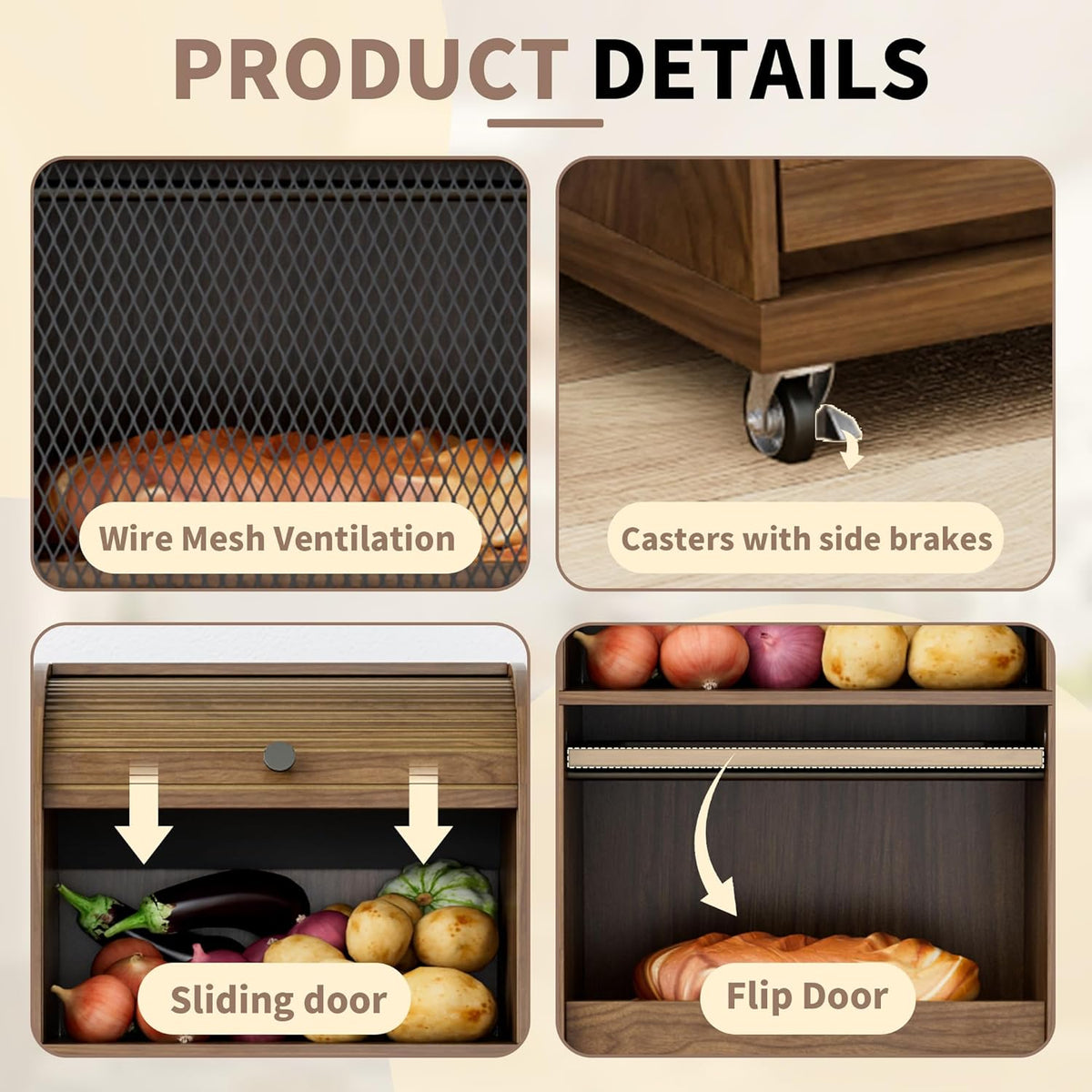 4 Tier Narrow Potato Storage Bin, Tall Wood Potato and Onion Storage Bin with Wheel, Movable Fruit and Vegetable Basket, Food Small Kitchen Pantry Cabinet, Wooden Bread Box, Walnut, Sliding Door