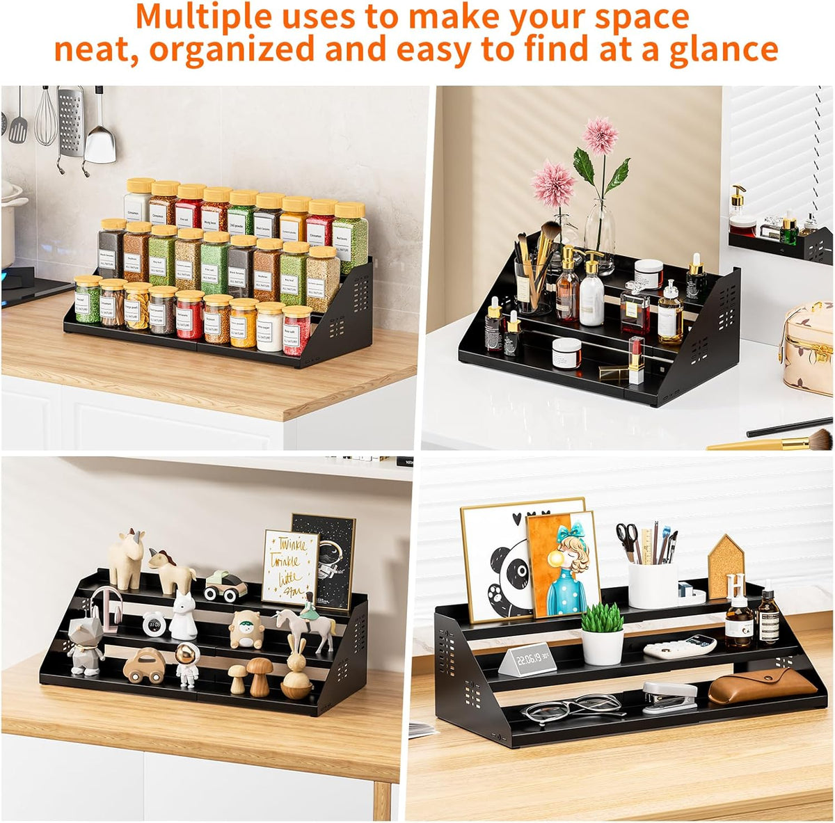 RCHYFEED Spice Rack Organizer for Cabinet, 3 Tier Spice Rack Expandable(13.4"-21.8"), Height Adjustable Spice Organization Shelf Metal Display Shelf, Spice Organization for Cabinet Countertop Pantry