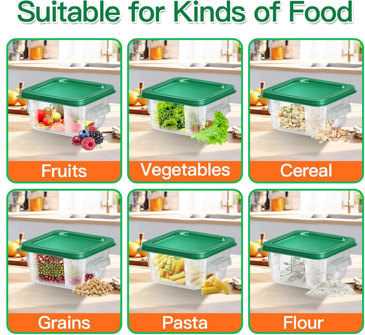 4 pcs 4qt Food Storage Containers with Lid, Square Clear Commercial Food Storage Containers with Handle and Scale for Food Storage in Home Kitchen & Dining (Green)