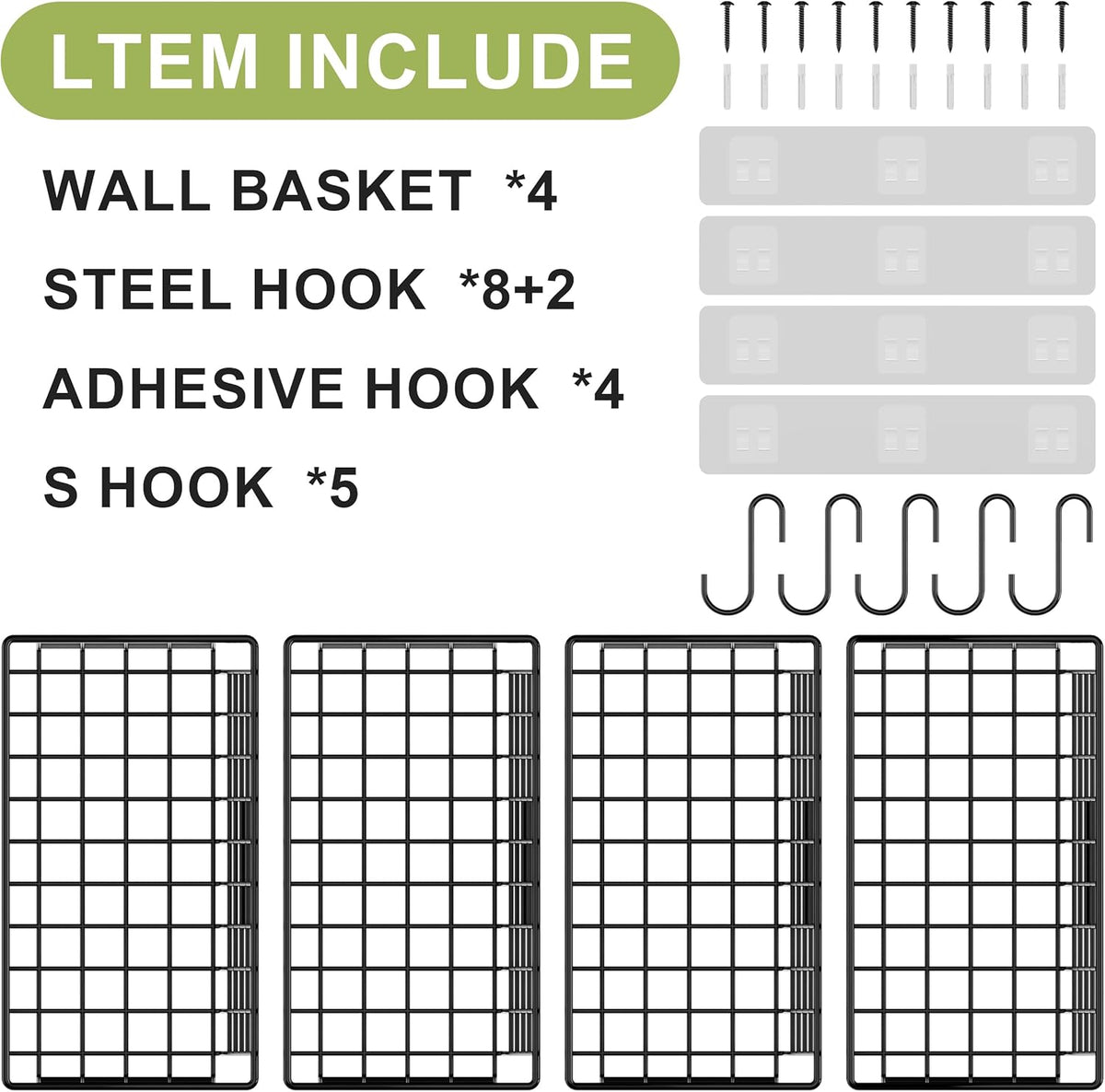 Wall Mounted Bin Basket with 5 Hooks 3 Label Plate Adhesive-3 Pack, Cabinet Hanging Metal Wire Basket,Rustic Farmhouse Decor, Storage Organization Shelf for Pantry Kitchen Bathroom 10.6*7.5*5.1inch