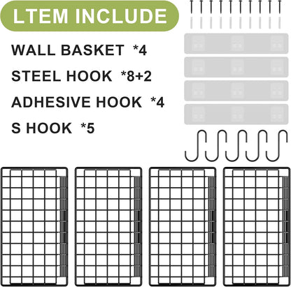 Wall Mounted Bin Basket with 5 Hooks 3 Label Plate Adhesive-3 Pack, Cabinet Hanging Metal Wire Basket,Rustic Farmhouse Decor, Storage Organization Shelf for Pantry Kitchen Bathroom 10.6*7.5*5.1inch