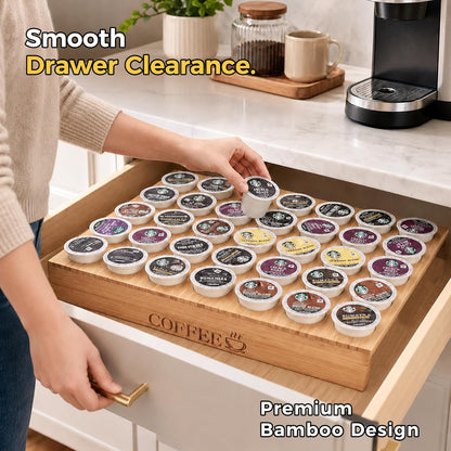 MinBoo BamBoo k cup holder Drawer or Countertop k cup Organizer Coffee Pod Holder Hold 35 Coffee Pod Storage Kcup coffee pods holder for coffee station Office and Kitchen k cup storage