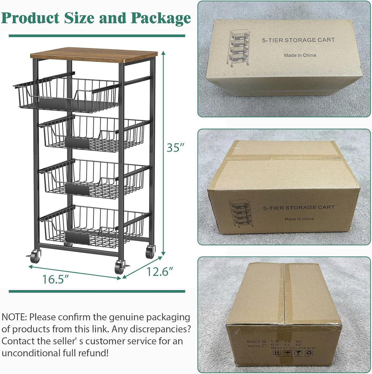 OKZEST 4-Tier Kitchen Storage Cart on Wheels – Mobile Fruit Basket Stand with Drawers & Wooden Top, Small Rolling Pantry Shelf for Potatoes, Onions, Bottled Drinks, Cans, Snacks – Includes 3 PE Liners
