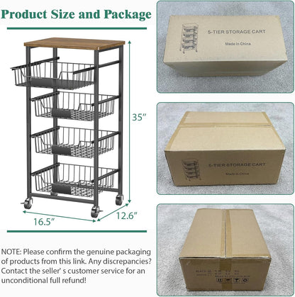 OKZEST 4-Tier Kitchen Storage Cart on Wheels – Mobile Fruit Basket Stand with Drawers & Wooden Top, Small Rolling Pantry Shelf for Potatoes, Onions, Bottled Drinks, Cans, Snacks – Includes 3 PE Liners