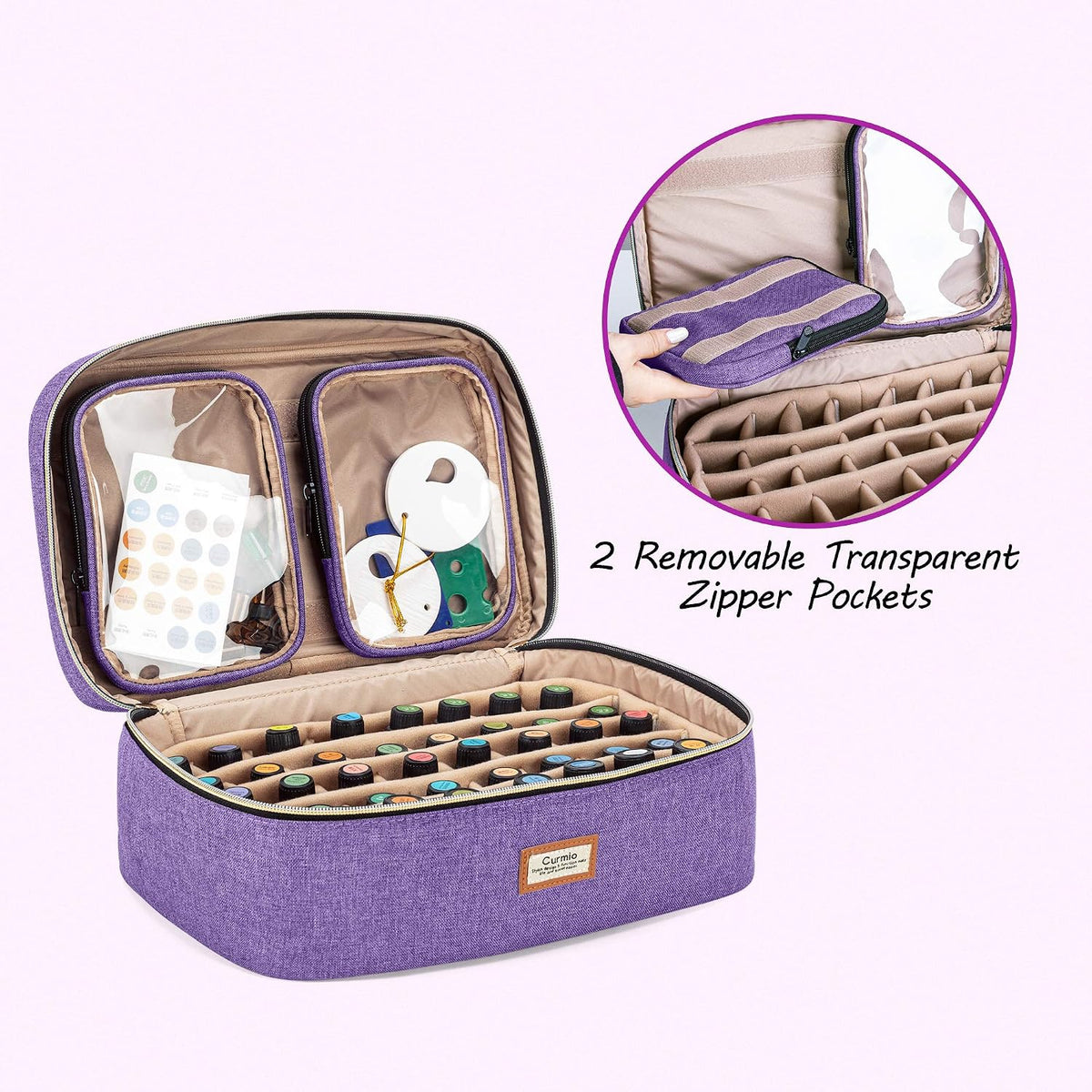 CURMIO Essential Oil Storage Case for 40 Bottles (5ml-30ml), Essential Oils Organizer Case with 2 Detachable Visible Pouches and Portable Handle, Patented Design, Gray (Bag Only)