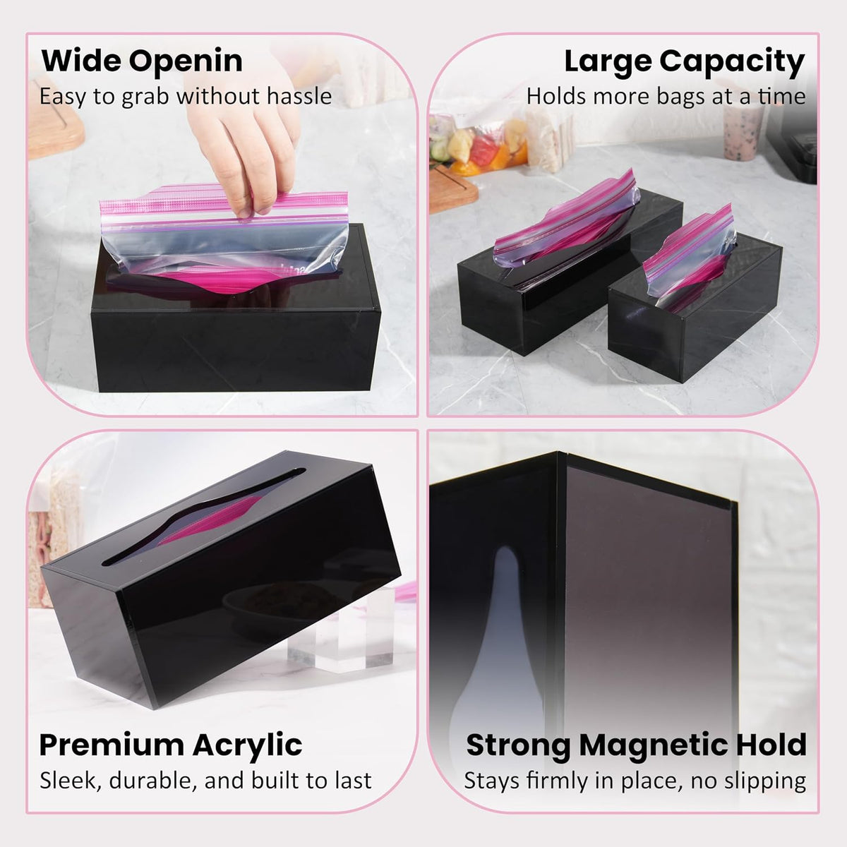 LUVCOSY Acrylic Food Bag Storage Organizer Magnetic Fridge Attachment Compatible with Ziploc Sandwich/Snack/Grip'n Seal Quart, Dispenser for Ziploc Bags, Kitchen Organization and Storage, 1 Pack