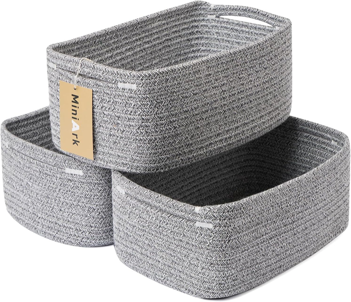 MiniArk Small Storage Baskets for Organizing | Closet Organizer Bins | Shelf Toy Basket | Woven Rope Baskets | Cube Decorative Box | Shallow Basket | L11.5xW7.5xH4.7| Brown